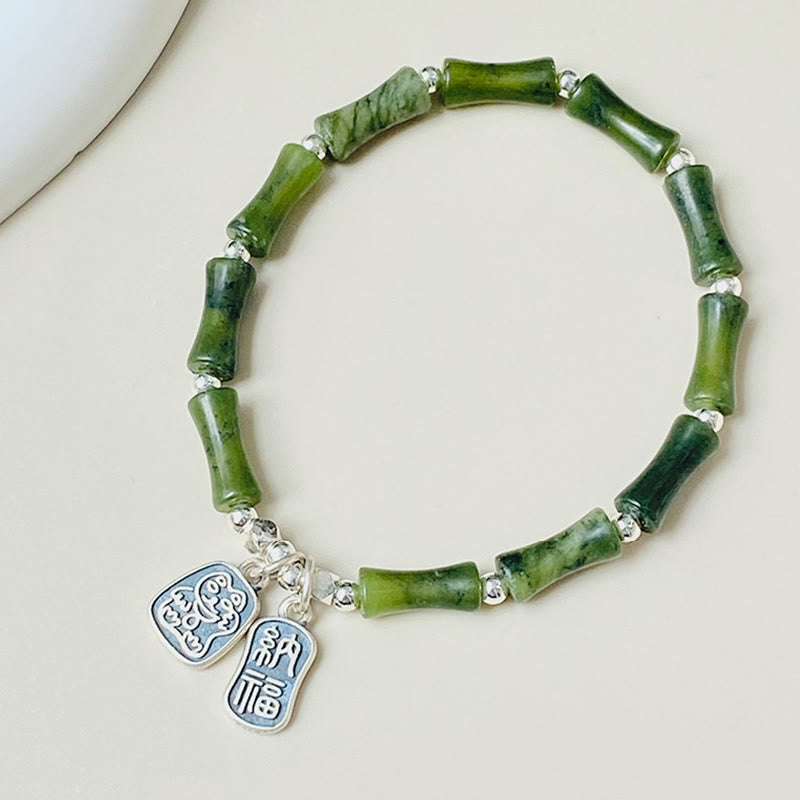 Buddha Stones Armband aus 925er-Sterlingsilber, Bambus-Jade, Glückskatze, Fu-Charakter, Glücksfülle