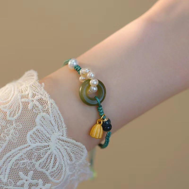 Buddha Stones Natürliche Hetian Jade Friedensschnalle Perle Glück Handgefertigtes geflochtenes Armband