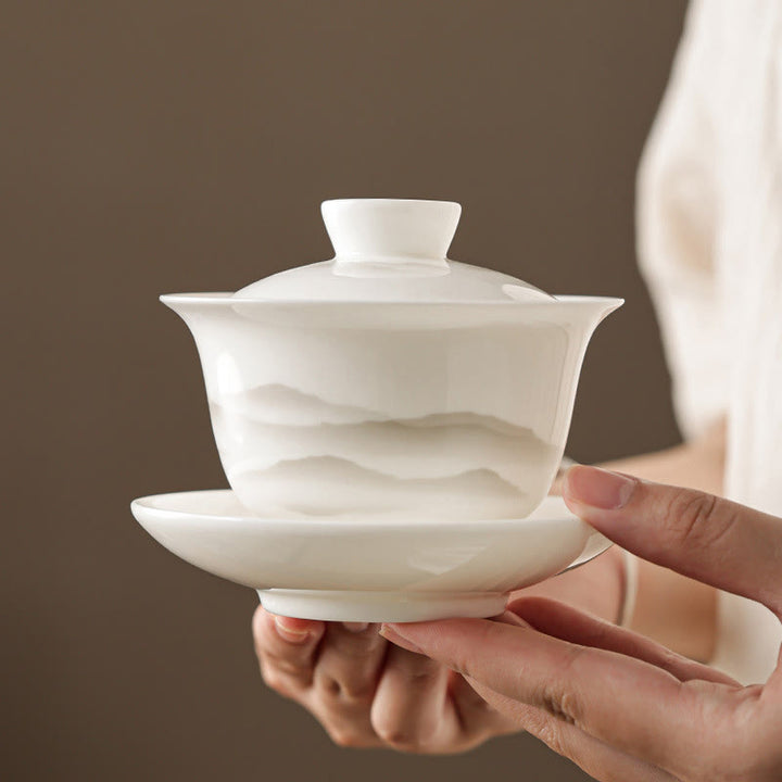 Buddha Stones, Vintage-Tuschemalerei, Berg , Weiß Porzellan, Keramik, Gaiwan, Sancai, Teetasse, Kung-Fu-Teetasse und Untertasse mit Deckel, Teeutensilien-Teekanne
