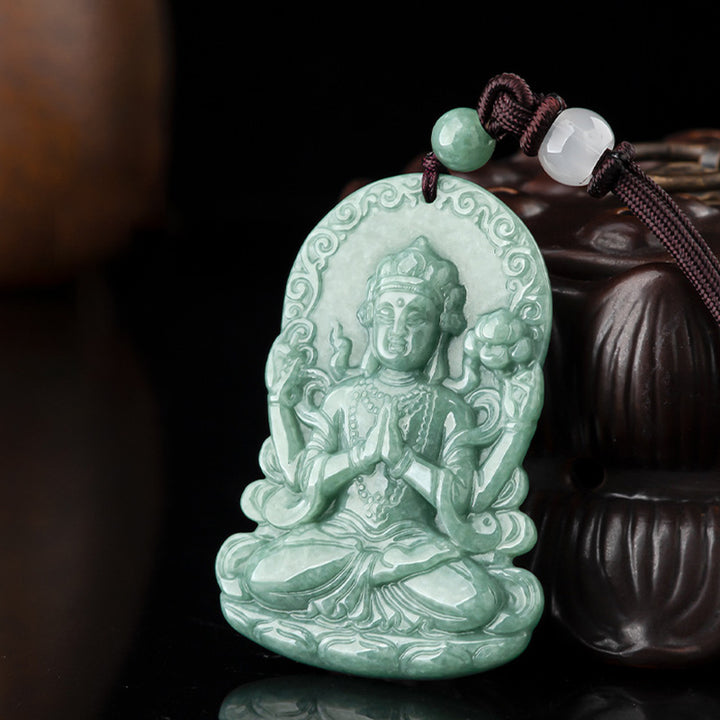 Vierarmige Avalokitesvara-Amulett-Segen-Halskette aus natürlicher Jade