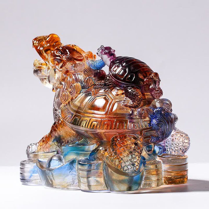 Feng Shui Drachenschildkröten, handgefertigtes Liuli-Kristallkunststück, Schutz, Heimbüro-Dekoration