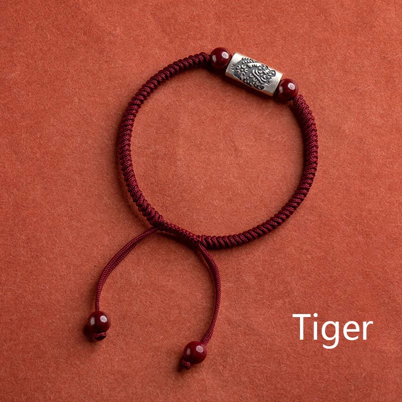 Buddha Stones 925 Sterling Silber 12 Chinesisches Sternzeichen Zinnober-Schnurarmband