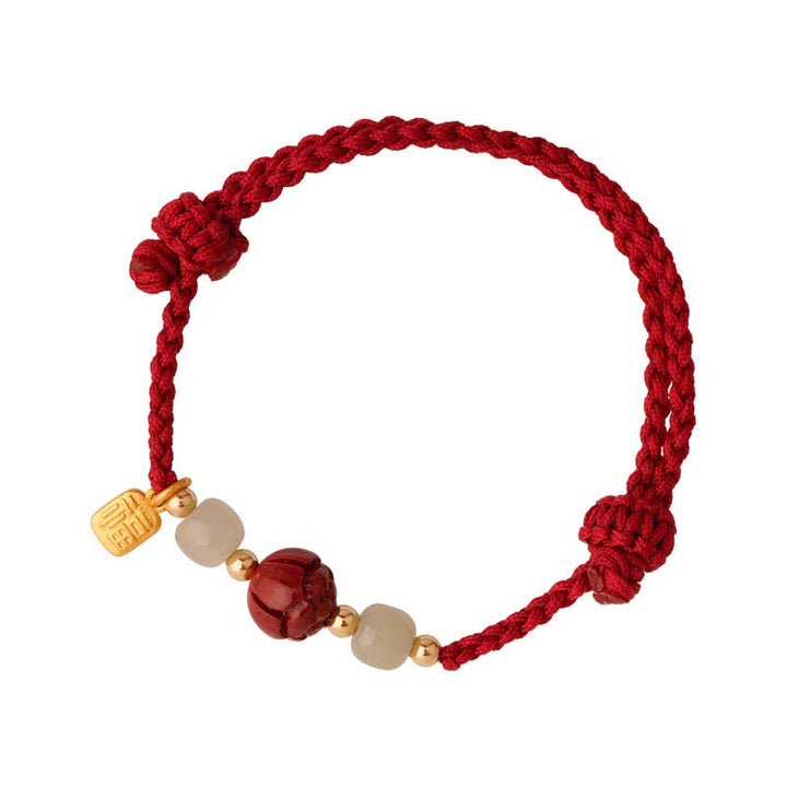 Buddha Stones Cinnabar Jade Lotus Calm Red String Weave Armband