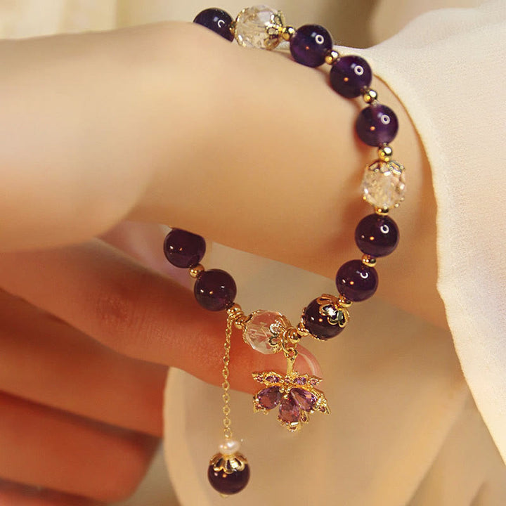 Buddha Stones 14 Karat vergoldetes natürliches Amethyst-Heilungs-Ahornblatt-Charm-Armband