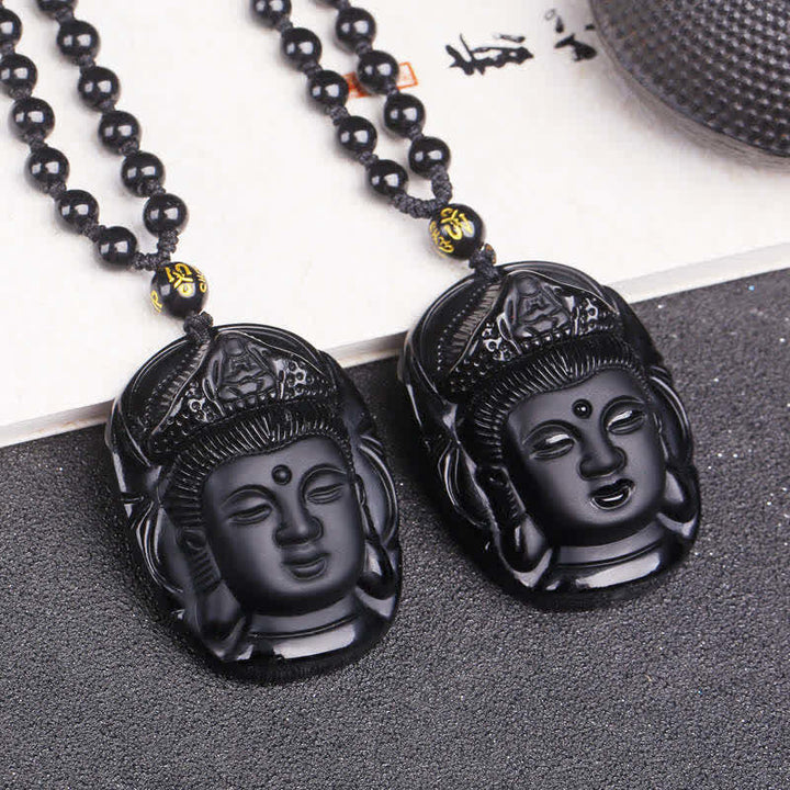Buddha Stones Natürlicher schwarzer Obsidian Kwan Yin Avalokitesvara Kraftschnur-Halskettenanhänger