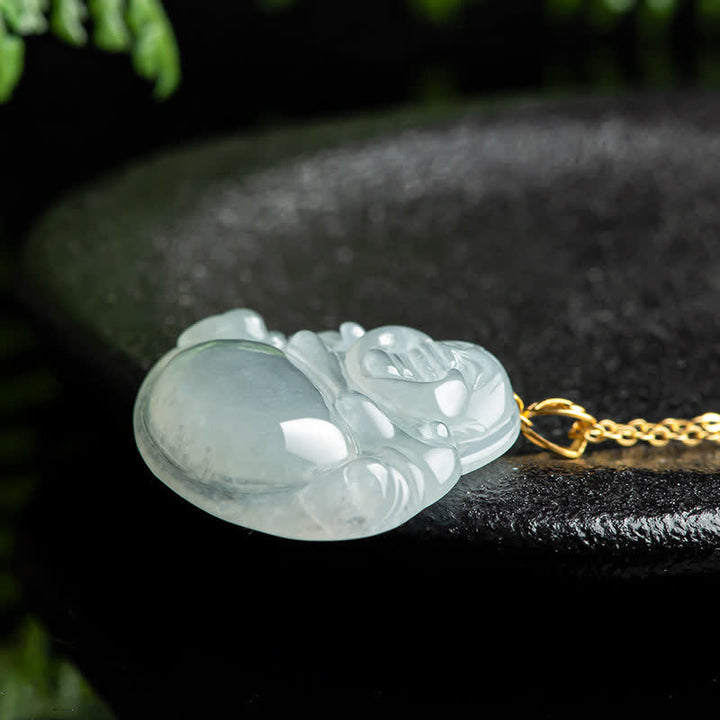 Lachender Buddha, natürlicher Jade-Halskettenanhänger aus 18-karätigem Gold
