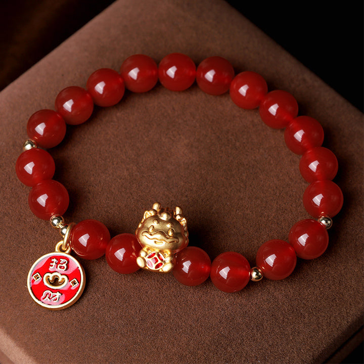 Buddha Stones, Jahr des Drachen, natürliches rotes Achat-Kupfer-Münze-Armband, das Glück anzieht