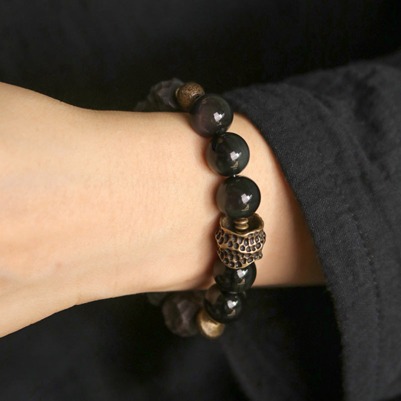 Buddha Stones Schwarzes Obsidian-Ebenholz-Kupfer-Stärke-Paar-Armband