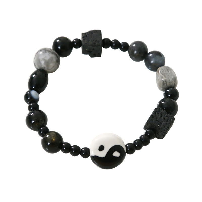 Buddha Stones Schwarzes Onyx-Picasso-Jaspis-Perlen-Yin-Yang-Glücksschutz-Armband