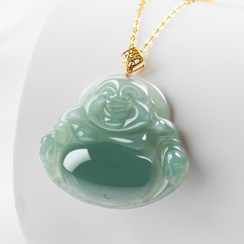 Lachender Buddha Halskette Anhänger aus natürlicher Jade, Wohlstand, Fülle