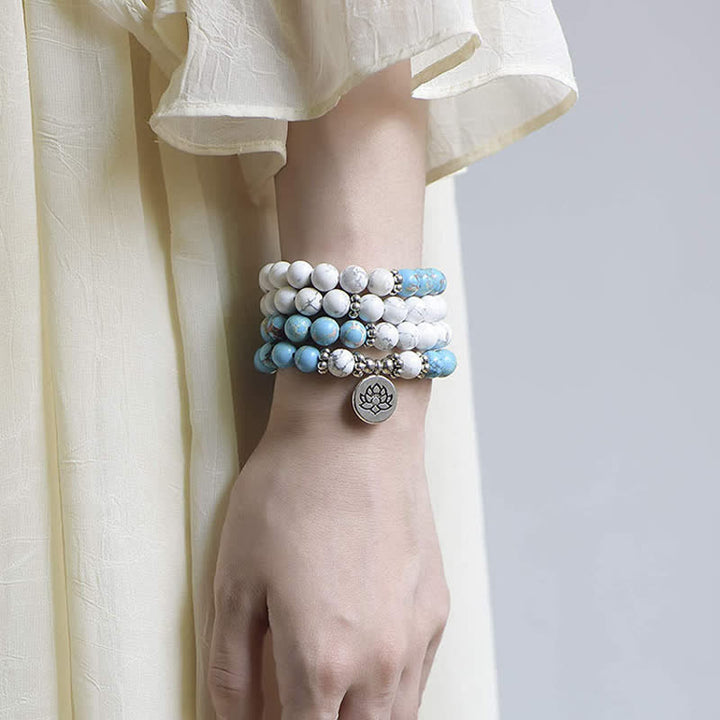 108 Mala-Perlen, Weiß türkisfarbenes Kaiserstein-Lotus-Segen-Armband