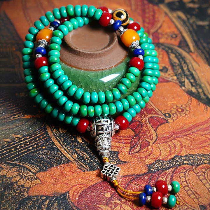 108 Mala-Perlen, tibetisches türkisfarbenes Dzi-Perlen-Schutzarmband