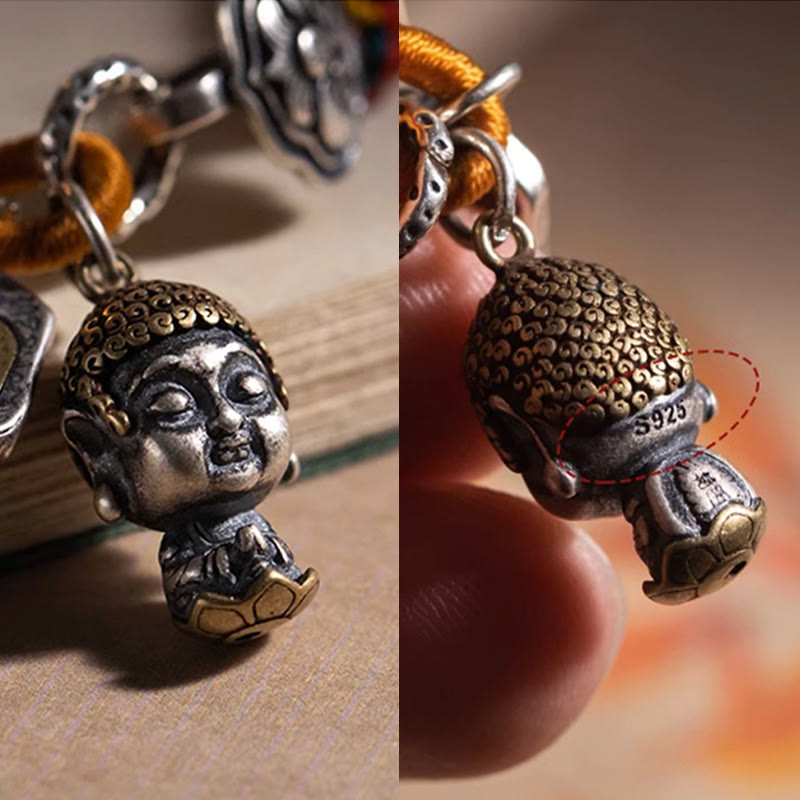 Buddha Stones Handgefertigtes tibetisches Armband aus 925er Sterlingsilber mit chinesischem Sternzeichen Natal Buddha Zakiram, Göttin des Reichtums, Schutz, mehrfarbiges, geflochtenes Seil