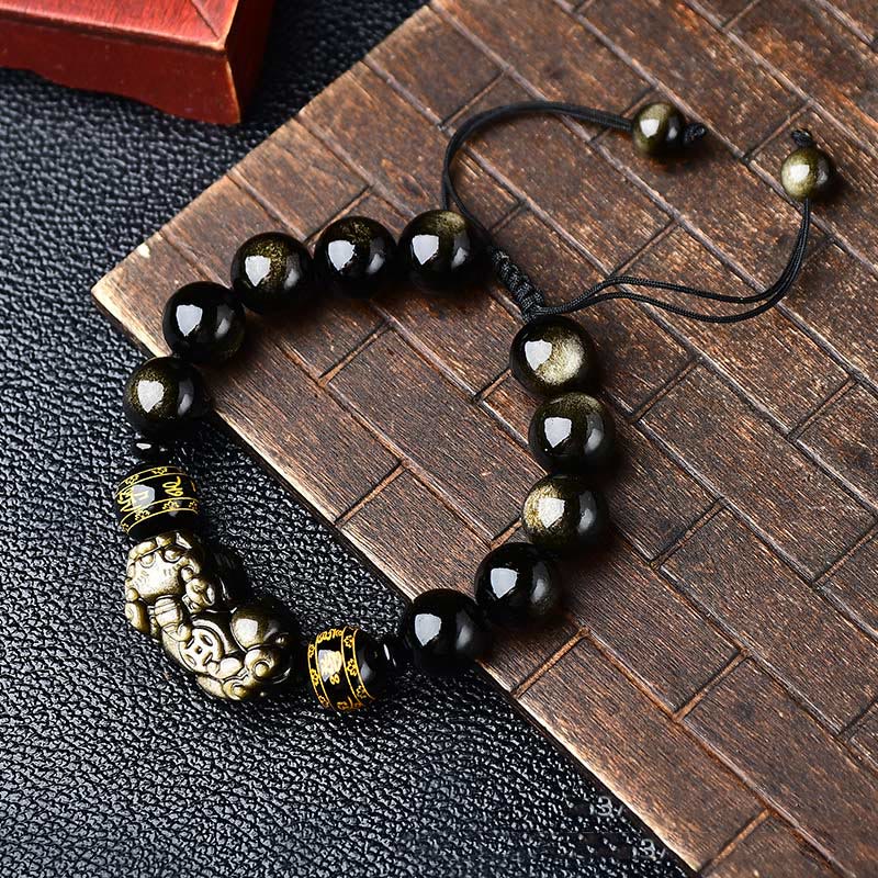 Buddha Stones Natürlicher Goldglanz-Obsidian PiXiu Om Mani Padme Hum Reichtum geflochtenes Armband