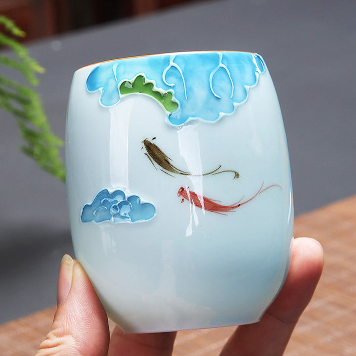 Buddha Stones, Koi-Fisch, Lotus-Landschaft, Löwenzahn, Pfingstrose, Blume, Keramik-Teetasse, Kung-Fu-Teetasse