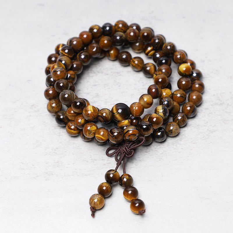 Buddha Stones Tibetische 108 natürliche Tigerauge-Edelsteinperlen Gebets-Mala-Armband-Halskette