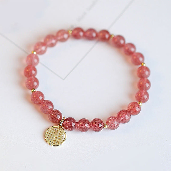 Buddha Stones 14K vergoldetes Erdbeerquarz-Fu-Charakter-Heilungs-Charm-Armband