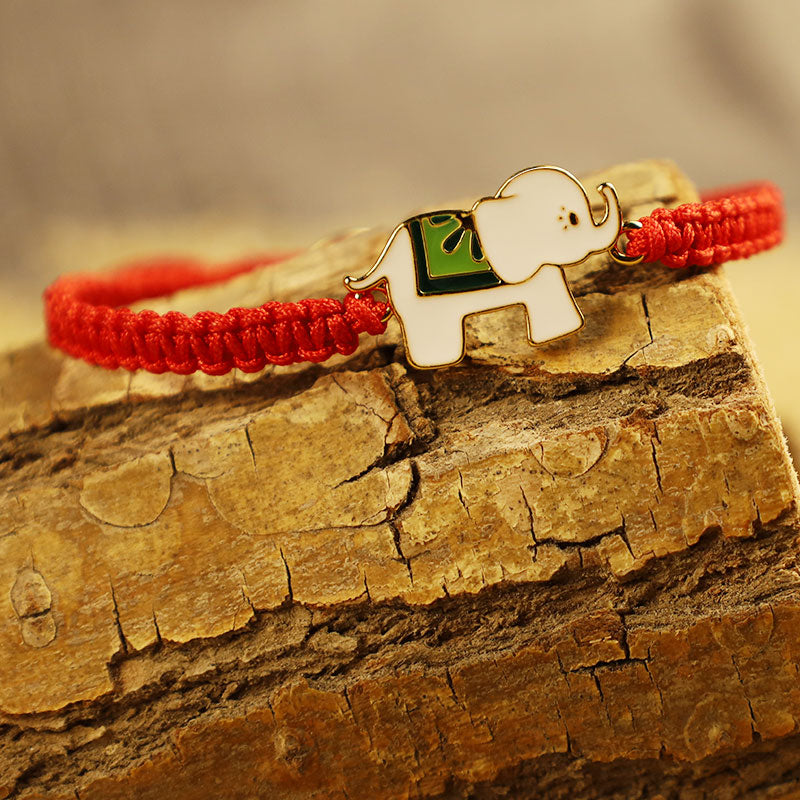 Buddha Stones Tibetisches handgefertigtes Armband aus 925er-Sterlingsilber, Glückselefant, rote Schnur