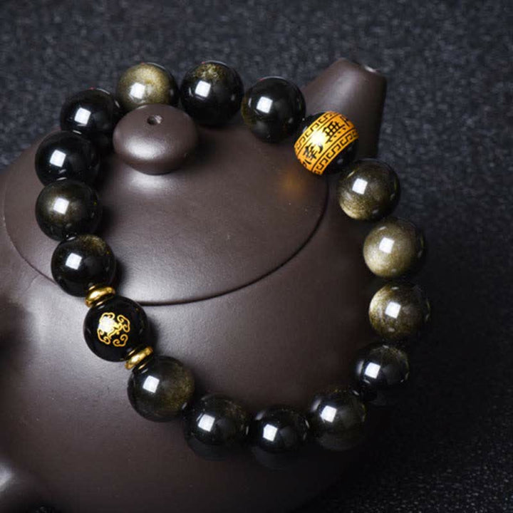 Chinesisches Tierkreis-Natal-Buddha-Goldglanz-Obsidian-Armband zum Schutz des Reichtums