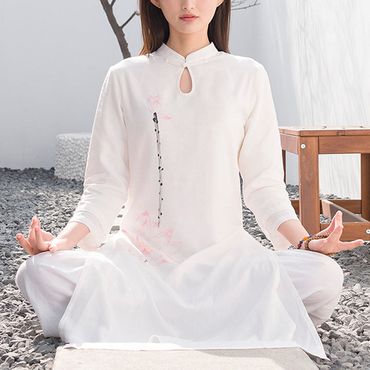 Buddha Stones 2-teiliges Lotus-Muster, Tai Chi, Meditation, Yoga, Baumwolle, Leinen, Kleidung, Oberteil, Hose, Damen-Set