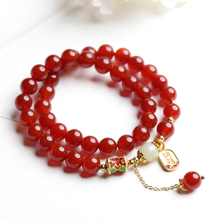 Buddha Stones Natürliches rotes Achat-Hetian-Jade-Fu-Charm-Charm-Armband