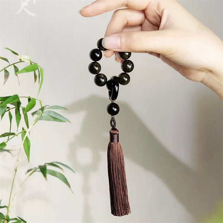 Buddha Stones Schwarzer Obsidian Stärke Quaste Handgelenk Mala