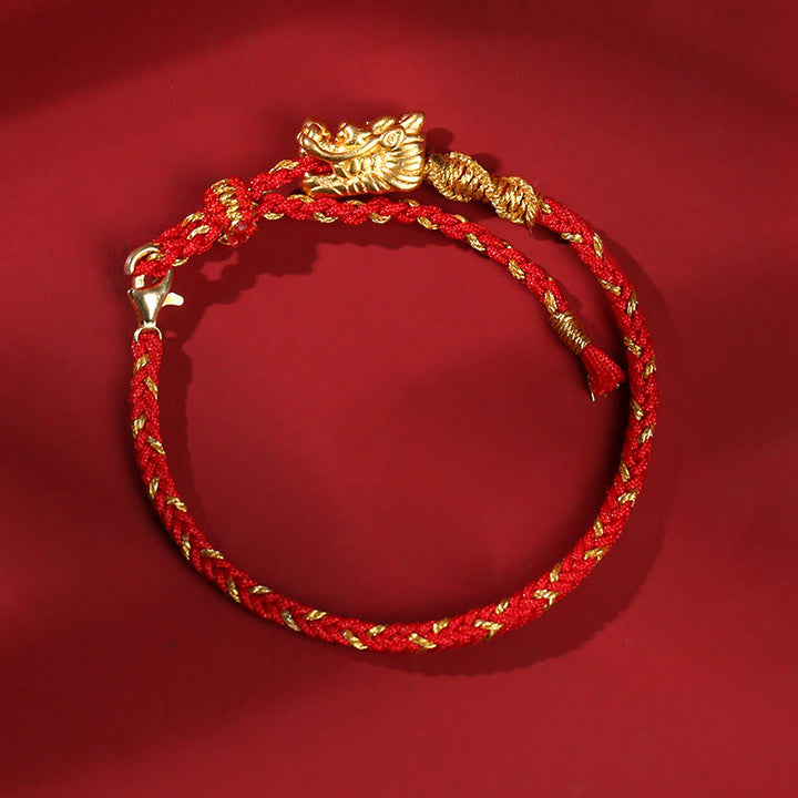 Buddha Stones 999 Sterling Silber handgefertigtes Drache-Glück-Armband mit acht Fäden und Knoten, roter Schnur, geflochten