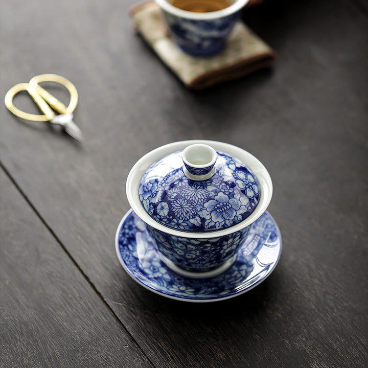 Buddha Stones Vintage blaue und Weiß Porzellan-Keramik-Gaiwan-Sancai-Teetasse Kung-Fu-Teetasse und Untertasse mit Deckel