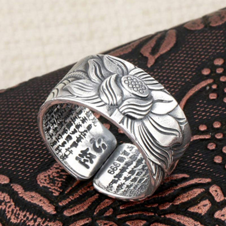 Buddha Stones 999 Sterling Silber Lotus Symbol Herz Sutra Schutzring