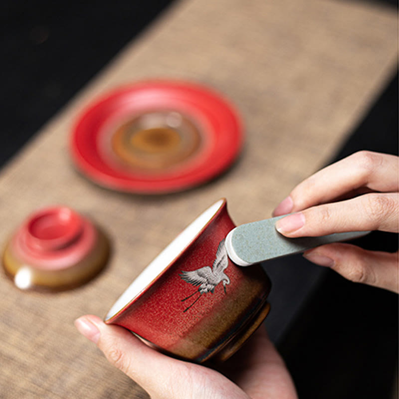 Buddha Stones, roter verheißungsvoller Kranich, Keramik, Gaiwan-Sancai-Teetasse, Kung-Fu-Teetasse und Untertasse mit Deckel