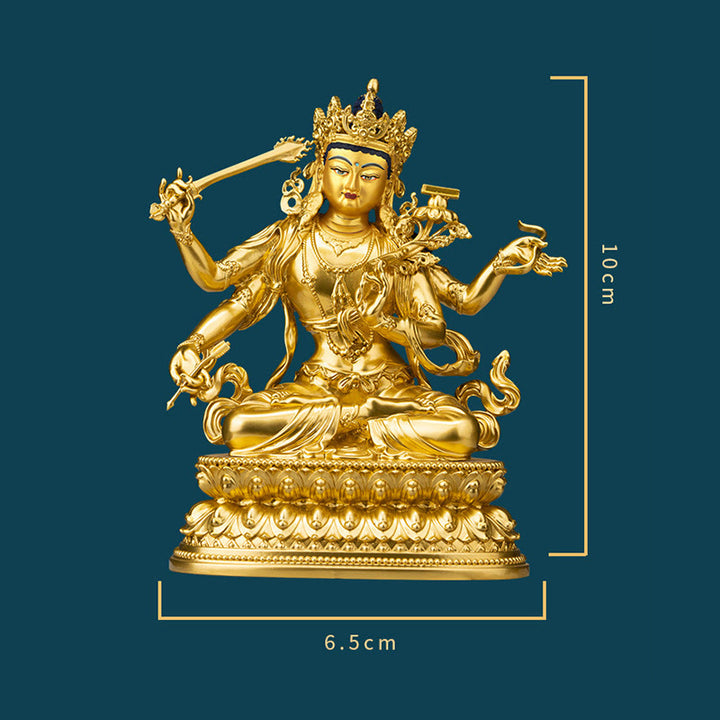 Vierarmige Manjusri Bodhisattva-Goldfigur, Mitgefühl, Gelassenheit, Kupferstatue, Heimdekoration