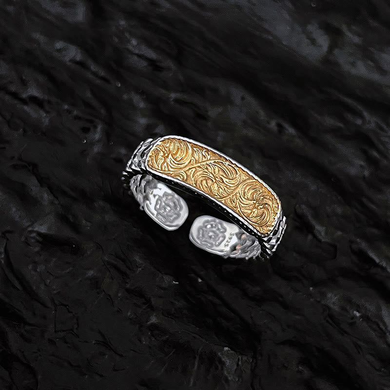 Tang-Dynastie-Blumen-Design, graviertes Kupfer-Glücksarmband, Armreif, verstellbarer Ring