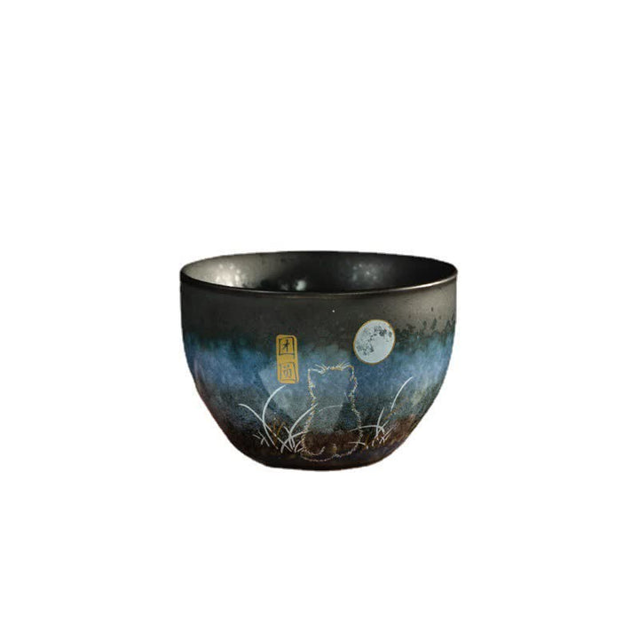 Buddha Stones Keramik-Teetasse „Lovely Cat“, schwarze Teetassen, 140 ml