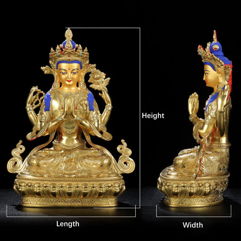 Chenrezig Vierarmige Avalokitesvara-Schutzstatue aus Kupfer, vergoldet, Dekoration