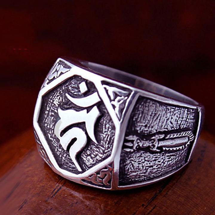 Verstellbarer Ring aus 925er-Sterlingsilber mit Buddha Stonesn, Sanskrit-Design, geschnitzter Schutz