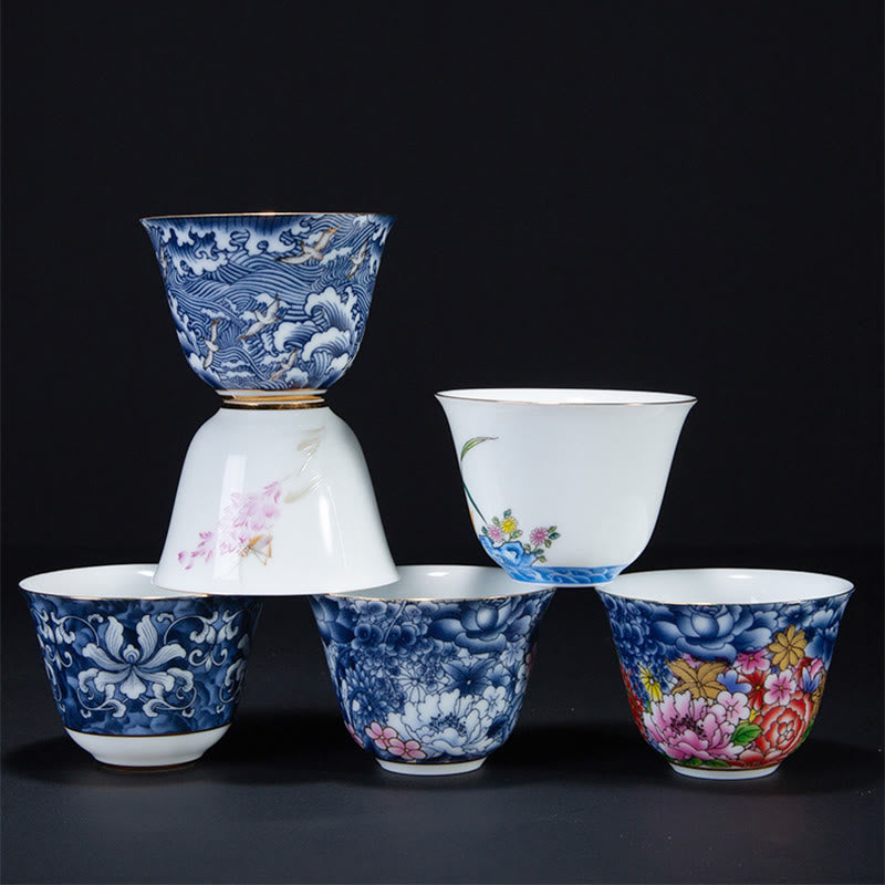 Buddha Stones, bunte Blumen, Orchidee, Meereswellen, blaue und Weiß Porzellan-Keramik-Teetasse, Kung-Fu-Teetasse