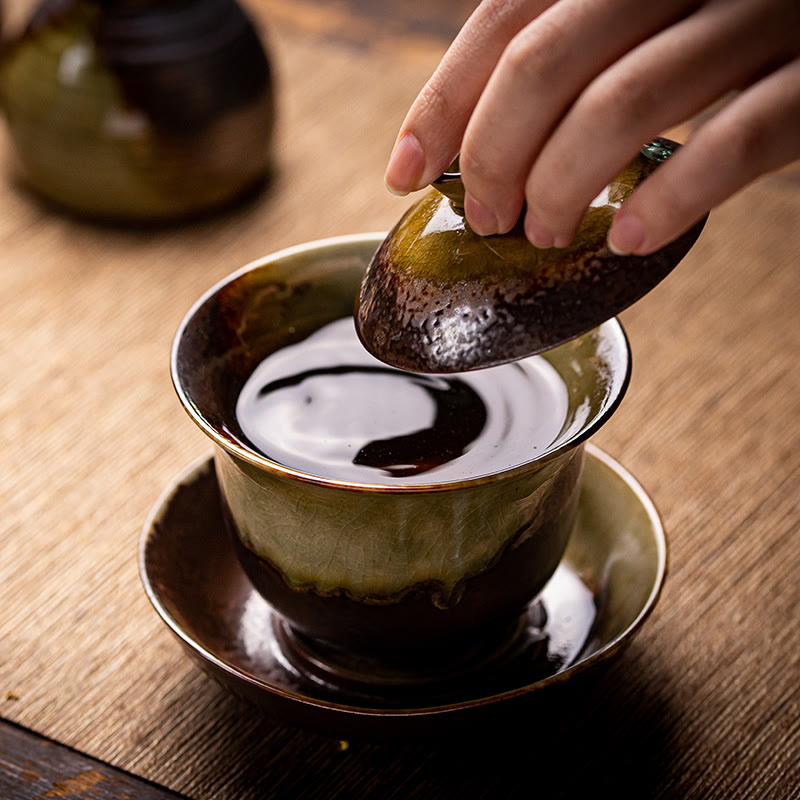 Buddha Stones Vintage Brown Kiln Change Design Porzellan Keramik Gaiwan Sancai Teetasse Kung Fu Teetasse und Untertasse mit Deckel
