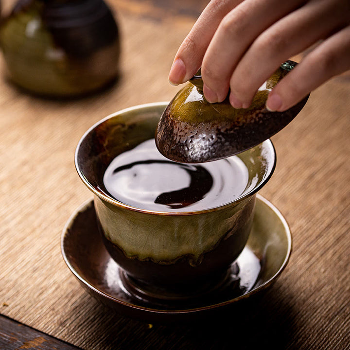 Buddha Stones Vintage Brown Kiln Change Design Porzellan Keramik Gaiwan Sancai Teetasse Kung Fu Teetasse und Untertasse mit Deckel
