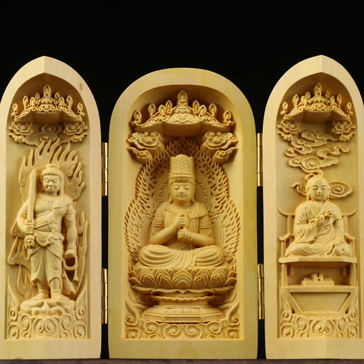 Handgeschnitzter tragbarer Buddha-Buchsbaum-Serenity-Home-Deko-Altar