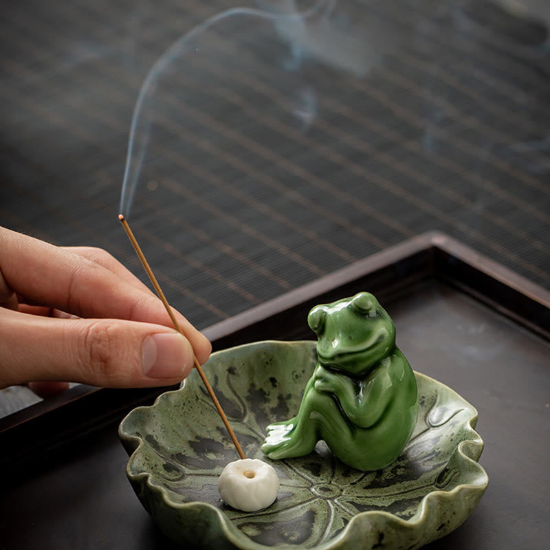 Buddha Stones, Blatt-Meditation, Frosch-Muster, heilende Keramik-Räuchergefäß-Dekoration