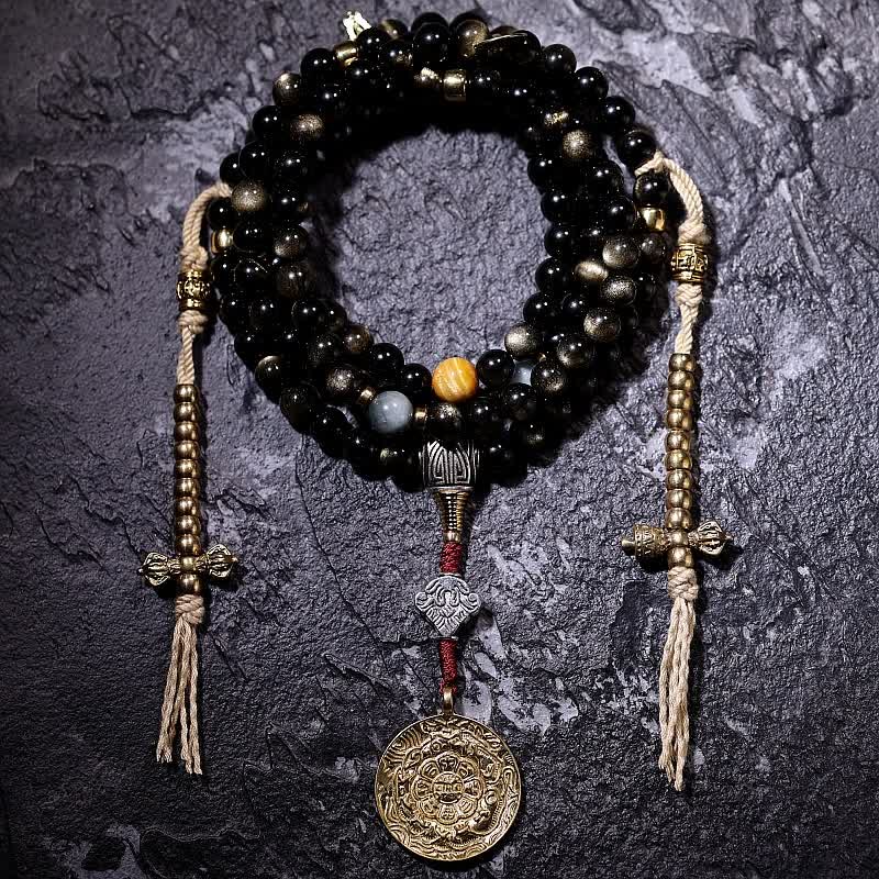 108 Mala-Perlen, Goldglanz, Obsidian, Tigerauge, Adlerauge, Stein, Reichtumsarmband