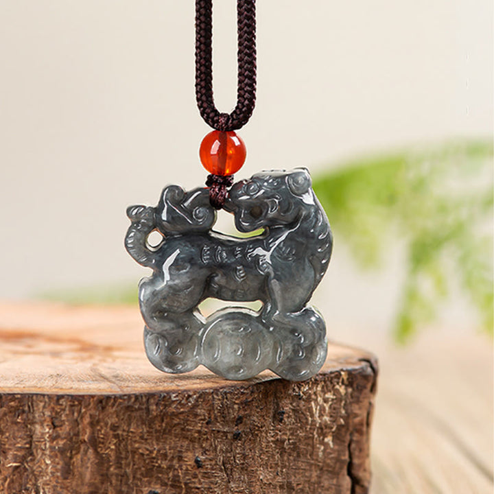 Buddha Stones, natürlicher Jade-Tiger, Kupfer-Münzenmuster, Glücks-Halsketten-Anhänger