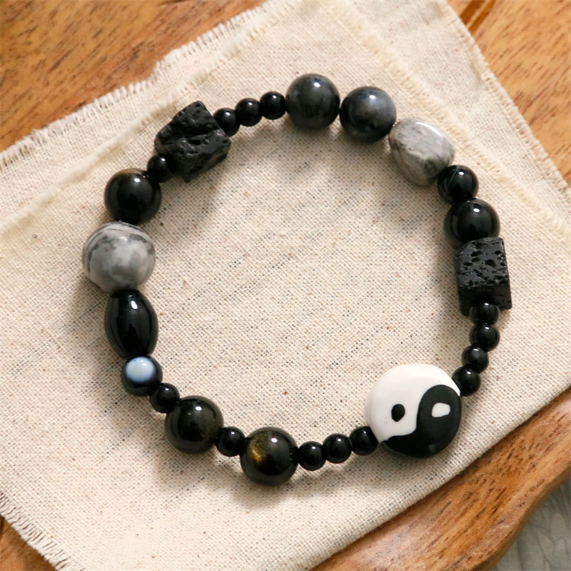 Buddha Stones Schwarzes Onyx-Picasso-Jaspis-Perlen-Yin-Yang-Glücksschutz-Armband