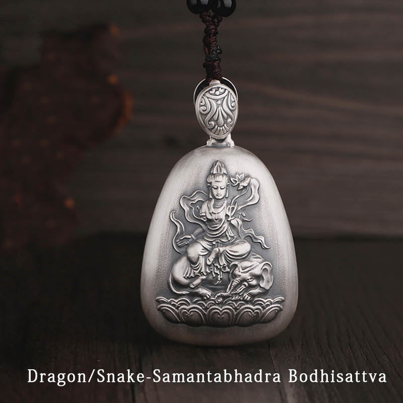 Buddha Stones 999 Sterling Silber Chinesisches Sternzeichen Natal Buddha Herz Sutra Gravur Schutz Halskette Anhänger