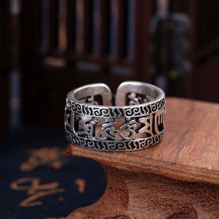 Buddha Stones Vintage Tibet Om Mani Padme Hum Ring mit geschnitztem, hohlem Design und Reinheit