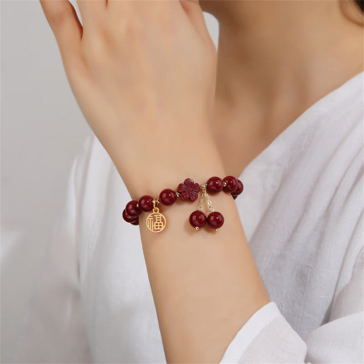 Buddha Stones Cinnabar Fu Charakter Kirschblüten-Segen-Armband