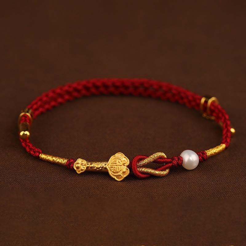 Buddha Stones 24K Gold Wish Ruyi Handle Fu Charakter Kaninchen Perle Glück geflochtenes Armband