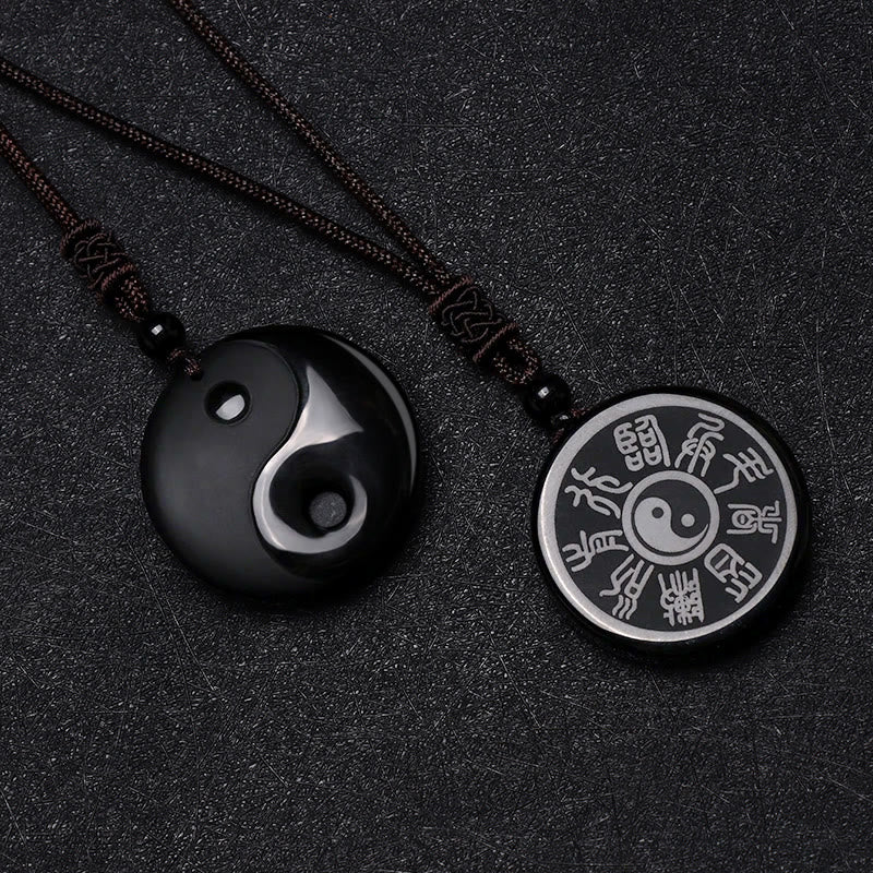 Buddha Stones, schwarzer Obsidian, Taoismus, fünf heilige Berge, Mantra mit neun Charakteren, geschnitzte Reinigung, Yin-Yang-Halskettenanhänger