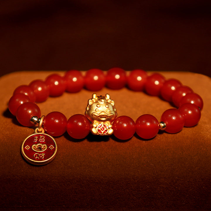 Buddha Stones, Jahr des Drachen, natürliches rotes Achat-Kupfer-Münze-Armband, das Glück anzieht