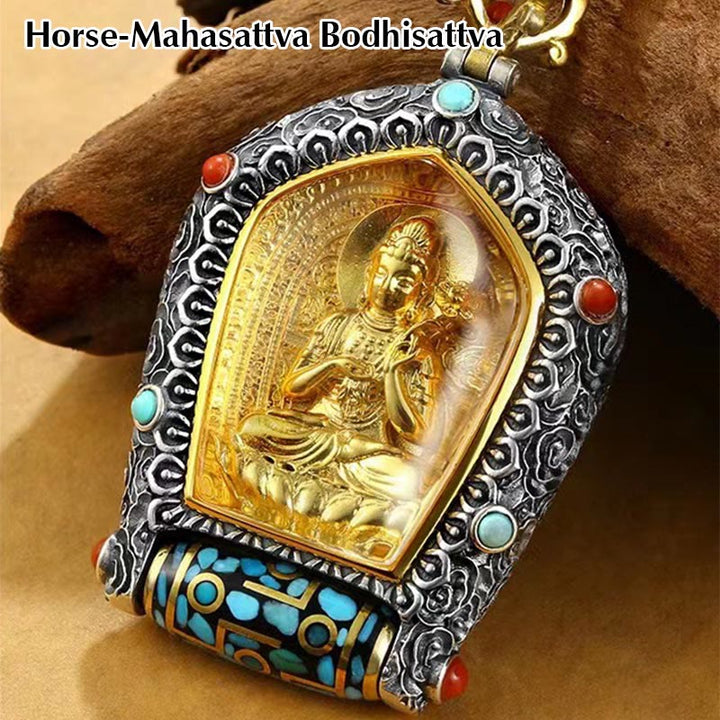 Tibet Chinesisches Sternzeichen Natal Buddha Thangka Wohlstand Drehbarer Dzi-Perlen-Halskettenanhänger